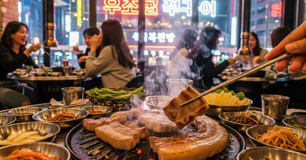 Sizzling pork belly grilling at a lively Seoul BBQ restaurant with neon lights and friends dining together.