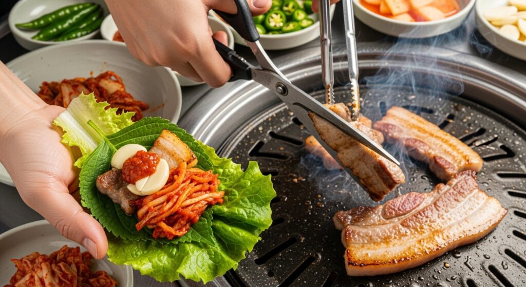 Hands grilling and cutting pork belly, preparing lettuce wraps with garlic, kimchi, and ssamjang.