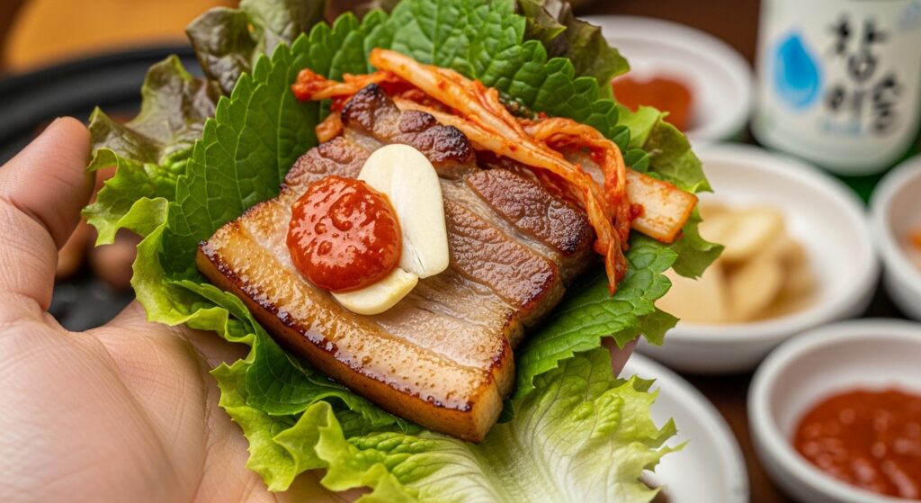 Samgyeopsal wraps with lettuce, perilla leaves, garlic, chili, kimchi, and colorful Korean side dishes.