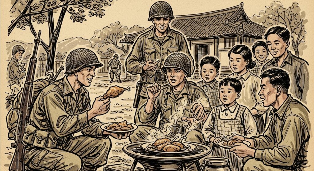 Vintage illustration of American soldiers during the Korean War, symbolizing the introduction of fried chicken to Korea.