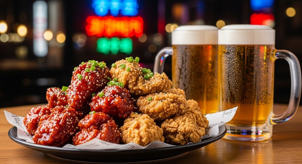 Korean fried chicken with cold beer on a table under neon lights, representing chimaek culture.