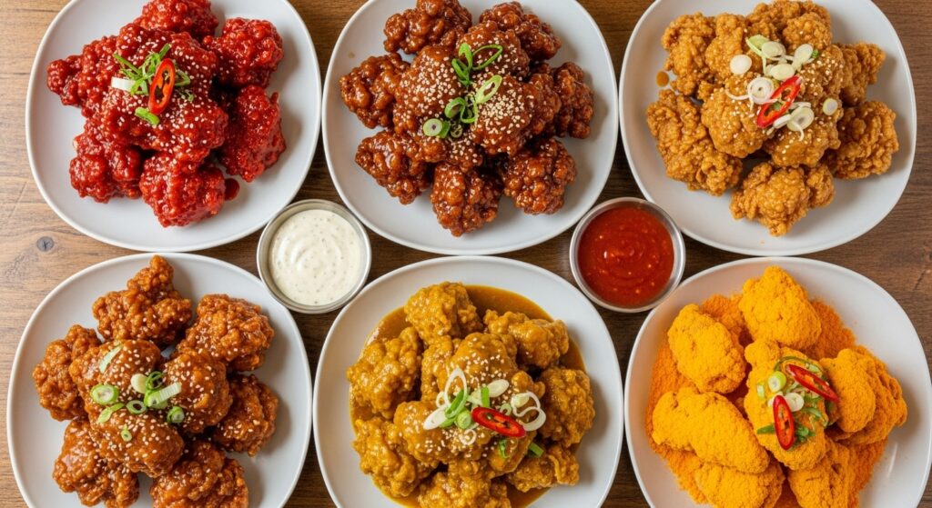 Assorted Korean fried chicken flavors including sweet spicy, soy garlic, honey butter, curry, and cheese.
