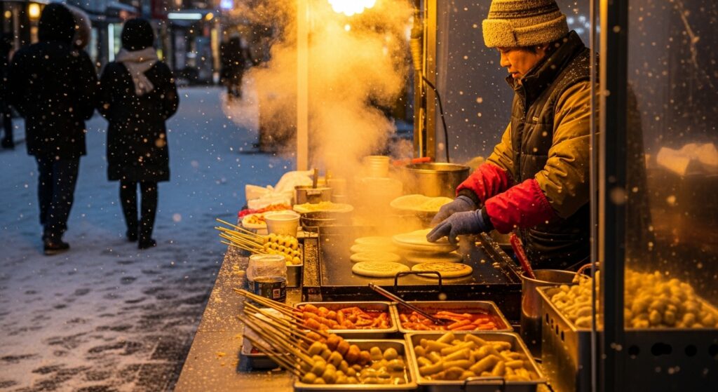 Korean street vendor cooking hotteok on a griddle on a snowy evening, steam rising in the cold air.