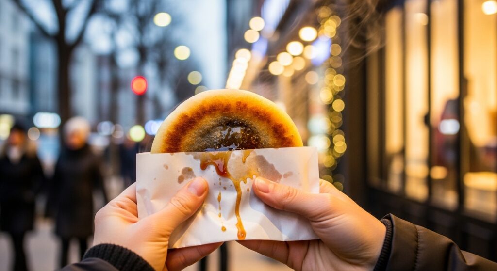 Hands holding a steaming hotteok filled with syrup on a cold winter street.