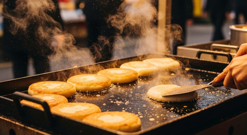 Hotteok pancakes sizzling on a griddle with steam rising at a street stall.