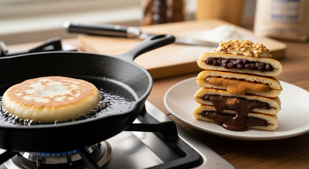 Homemade hotteok frying in a pan with more stacked on a plate.