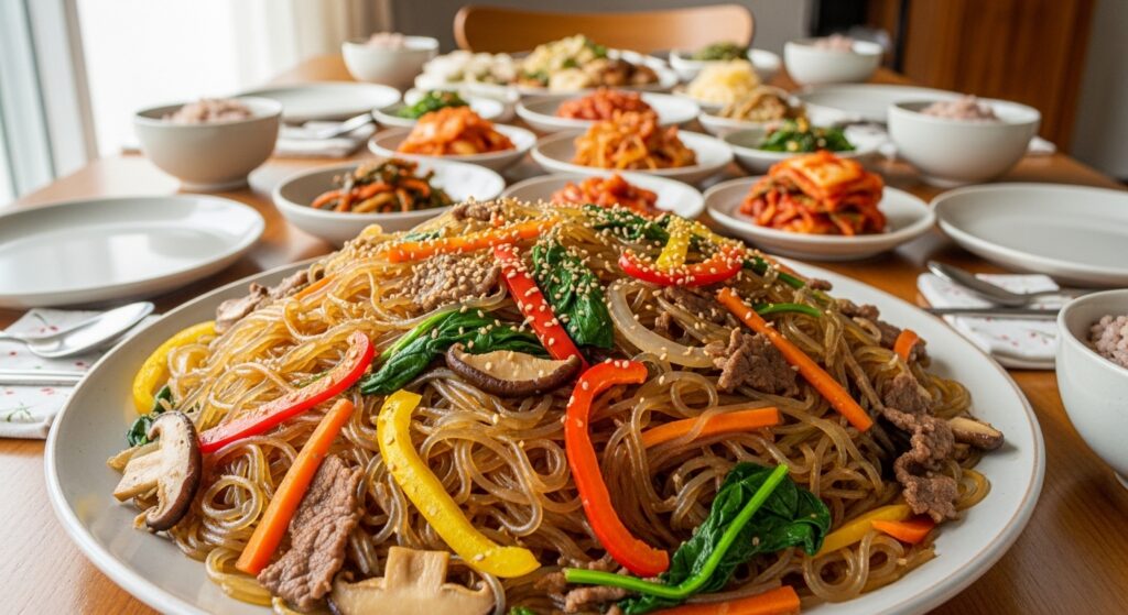 Large platter of colorful japchae noodles with vegetables and beef served at a family celebration.