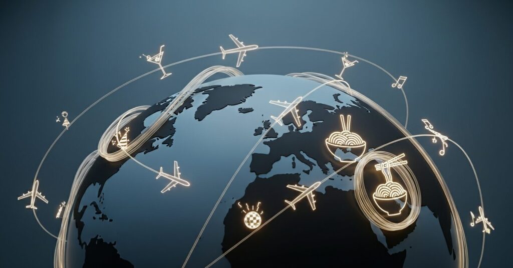Minimalist digital artwork of translucent noodle strands forming airplane flight paths across a world map with glowing party icons, symbolizing japchae traveling globally.