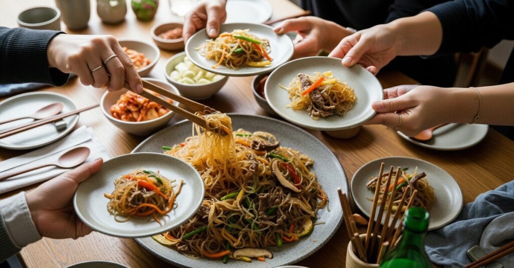 People sharing japchae from a large platter at the center of the table.