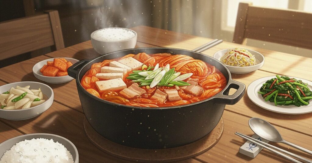 Steaming pot of kimchi jjigae on a family table, symbolizing warmth and home comfort.
