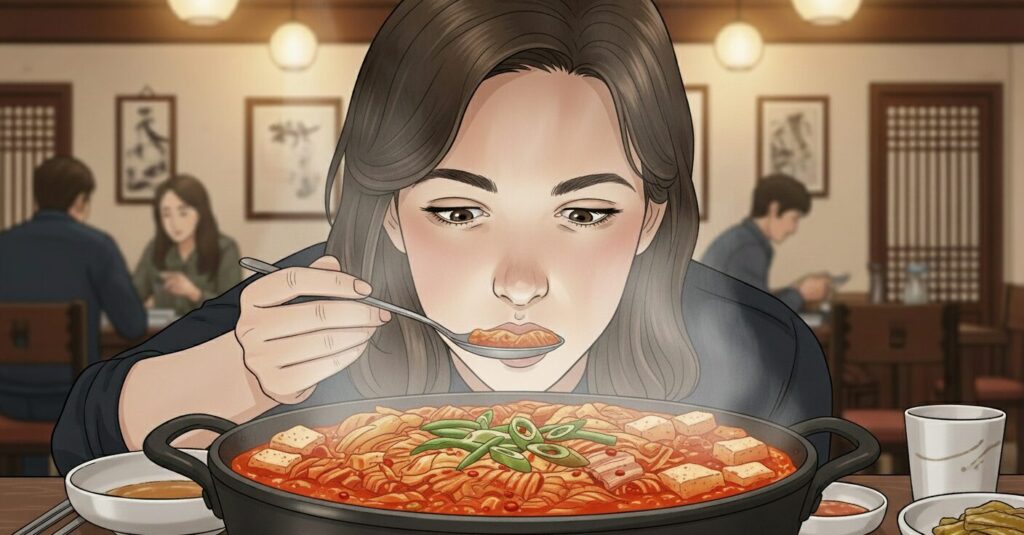 Foreign diner experiencing kimchi jjigae for the first time, steam rising from a bubbling pot.