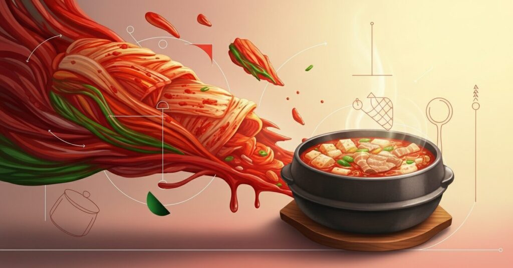 “Abstract artwork of kimchi transforming into a glowing stew, symbolizing everyday Korean cooking.