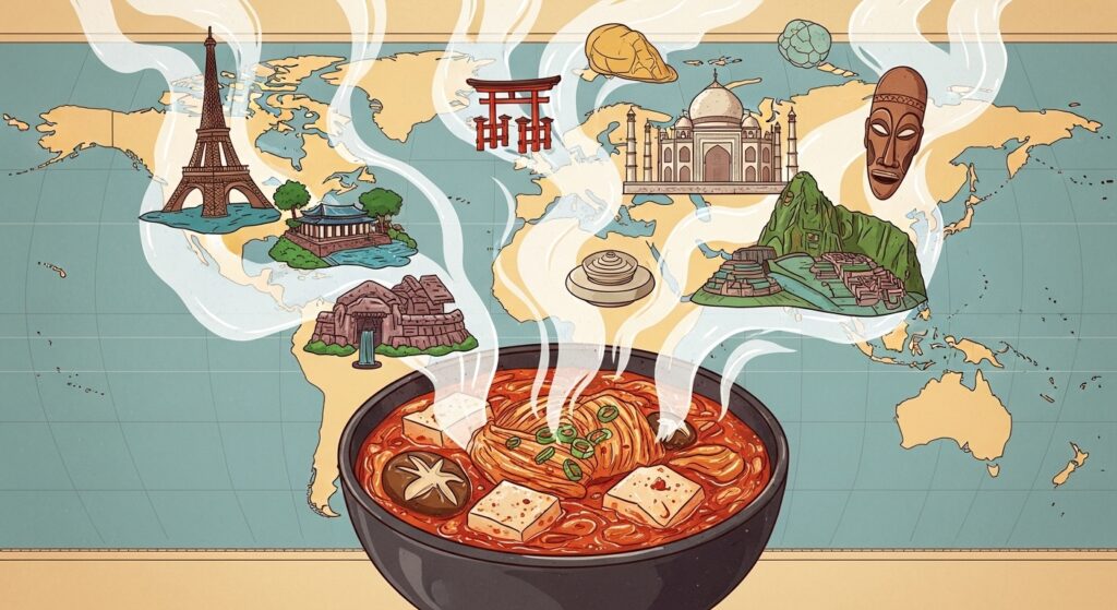 Kimchi jjigae steaming at the center of a world map, symbolizing its global comfort food appeal.