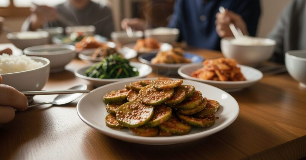 Oi Muchim served at a Korean family meal with rice and other everyday side dishes.