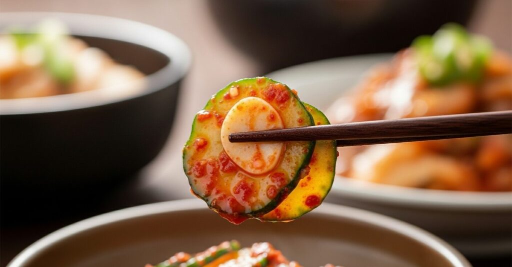 Chopsticks holding spicy cucumber Oi Muchim, showing its refreshing balance against hot dishes.