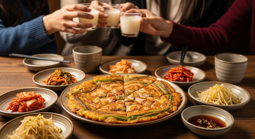 Pajeon on a wooden table with dipping sauce, shared with friends drinking makgeolli.