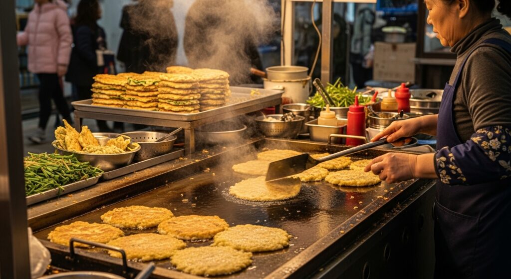 Street vendor frying pajeon on a griddle at a Korean market, with steam and sizzling oil.