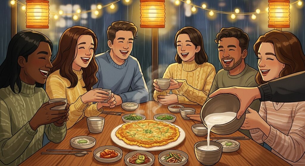Friends sharing pajeon and makgeolli on a rainy evening, symbolizing companionship and comfort.