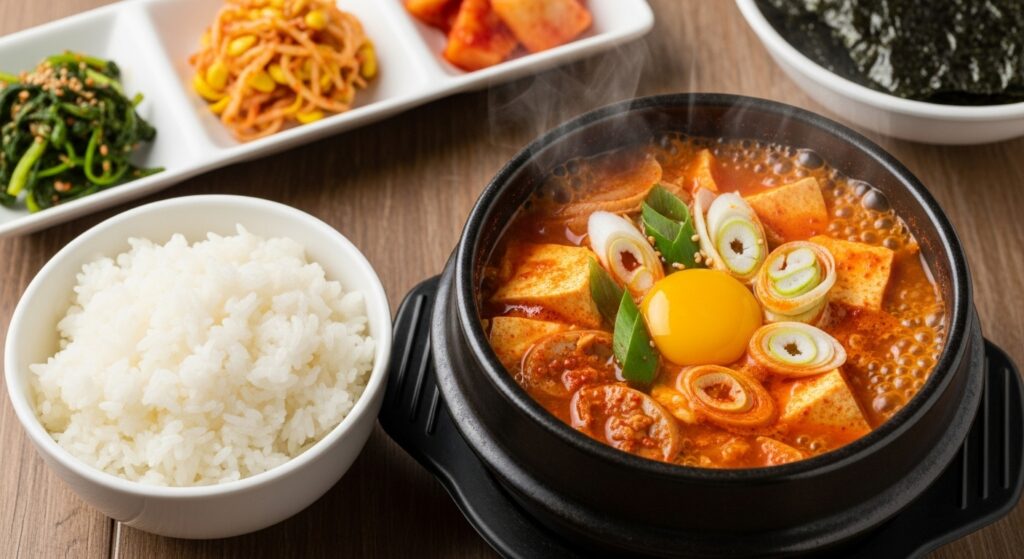 Sundubu jjigae with red spicy broth paired with white rice, symbolizing harmony of contrast.