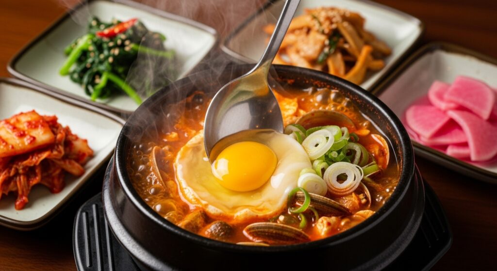 Bubbling sundubu jjigae with raw egg added, surrounded by Korean side dishes at a restaurant table.