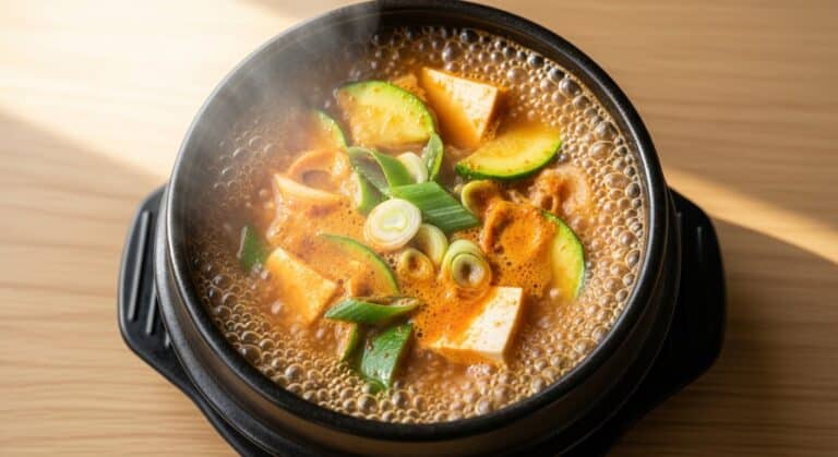 Korean soybean paste stew (Doenjang-jjigae) simmering in a traditional earthenware pot, with tofu and vegetables in rich brown broth, surrounded by gentle steam and warmth.