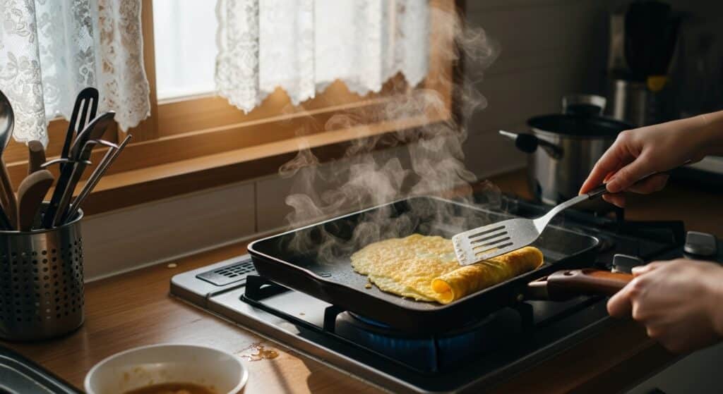gyeran0 A golden Korean rolled omelette being gently shaped with a spatula under soft sunrise light — the warmth of a real morning in a Korean kitchen.