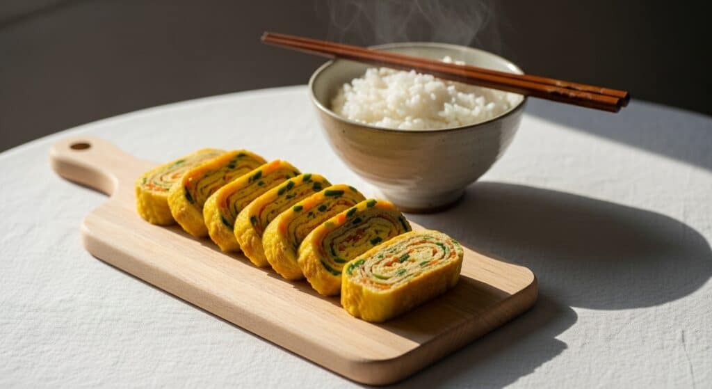 gyeran3 A minimal Korean breakfast table with rolled omelette — proof that simplicity can hold emotion.
