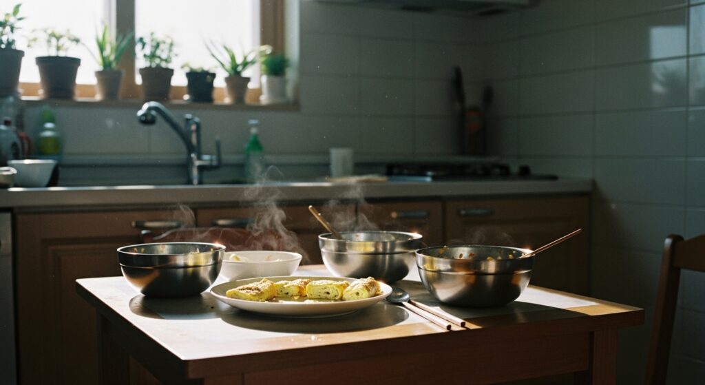 gyeran4 Soft sunlight over a small Korean kitchen table, a half-eaten rolled omelette and morning stillness captured in real light.