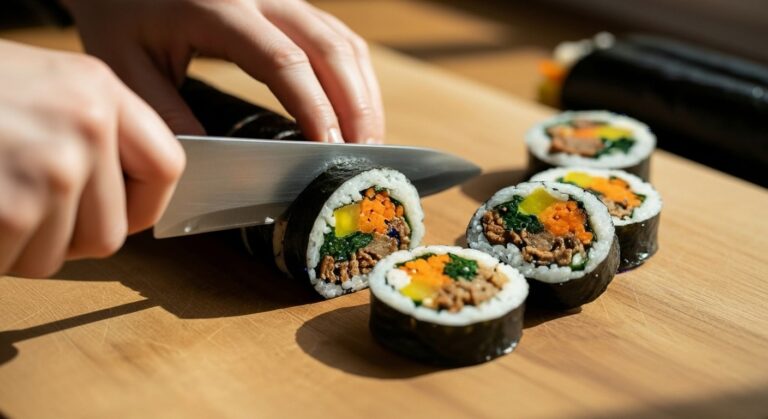 Person slicing Korean gimbap on a wooden cutting board, showing naturally uneven colorful fillings inside, with soft daylight and a warm homemade atmosphere.