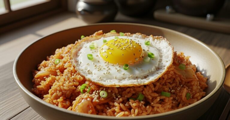 Korean kimchi fried rice served in a ceramic bowl topped with a fried egg, green onions, and sesame seeds under natural daylight.